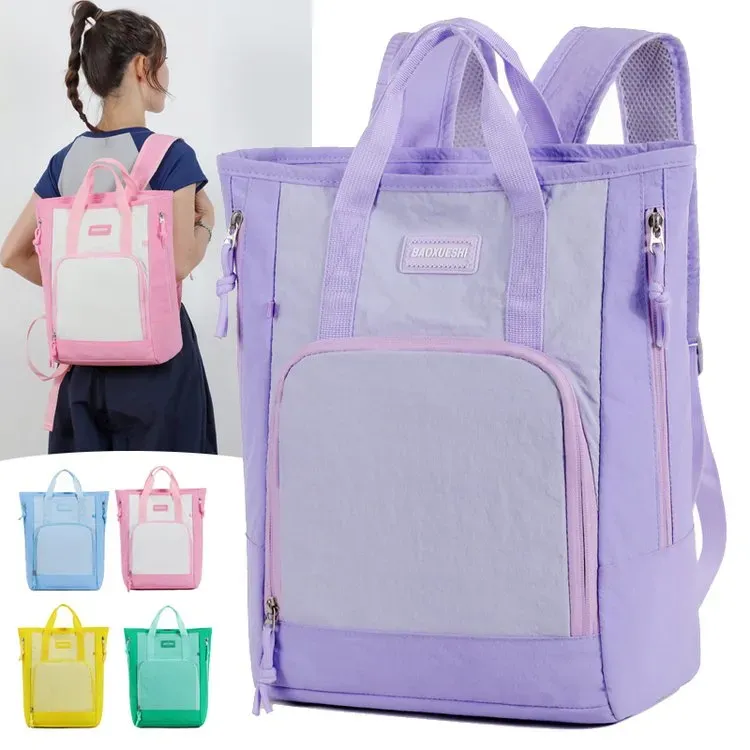 Tas Ransel Wanita Bahan Nylon Polos Warna Ungu Bentuk Kotak Tali Panjang Grosir Import