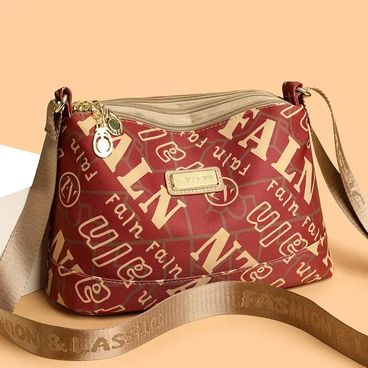 Tas Selempang Wanita Bahan Nylon Motif Print Warna Merah Bentuk Kotak Tali Lebar Grosir Import