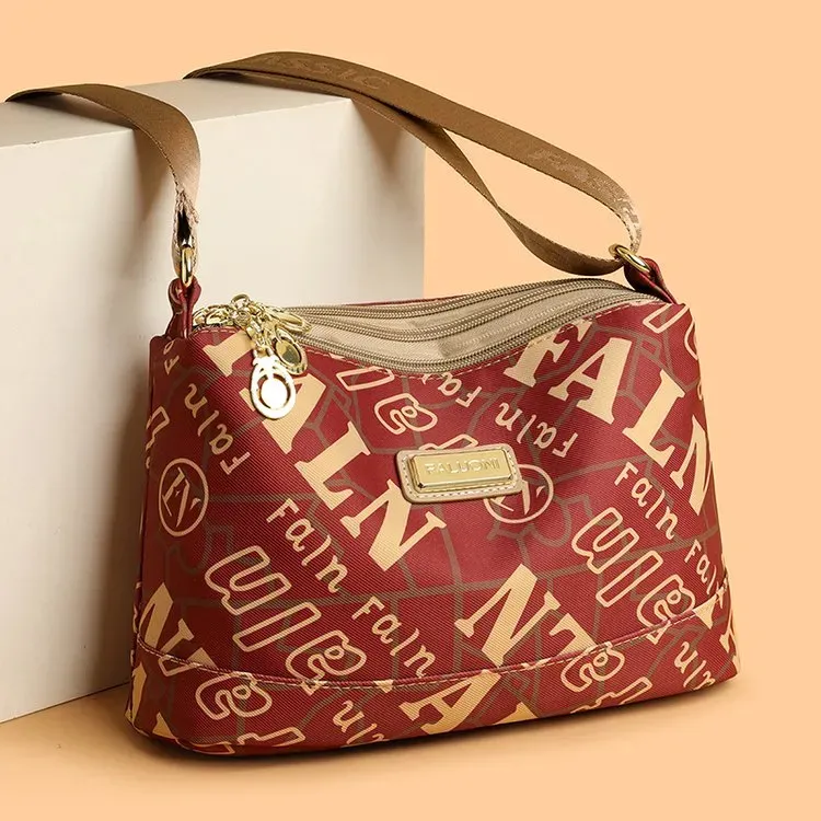Tas Selempang Wanita Bahan Nylon Motif Print Warna Merah Bentuk Kotak Tali Lebar Grosir Import
