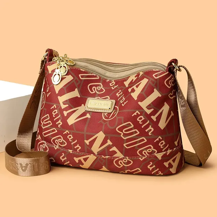 Tas Selempang Wanita Bahan Nylon Motif Print Warna Merah Bentuk Kotak Tali Lebar Grosir Import