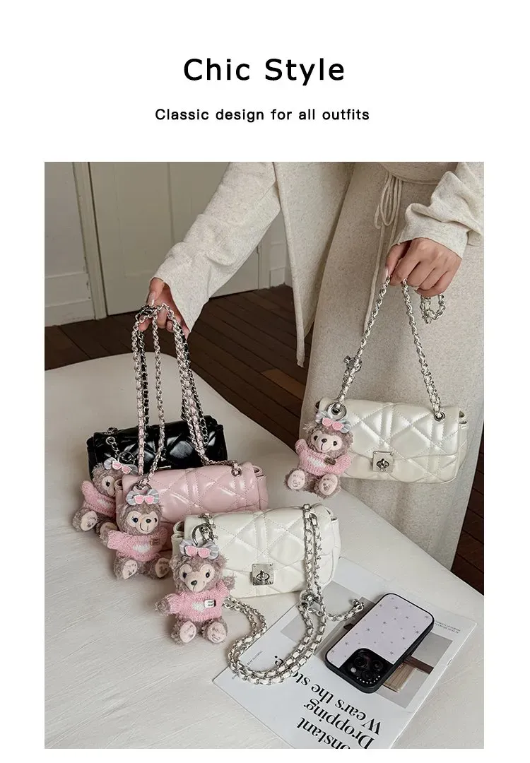 Tas Selempang Wanita Bahan PU Sintetis Model Quilted Warna Hitam Bentuk Kotak untuk Reseller