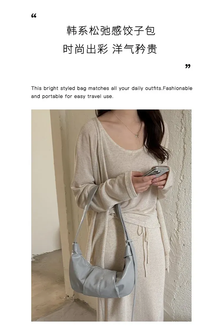 Tas Selempang Wanita Bahan PU Sintetis Polos Warna Abu-Abu Bentuk Crescent Tali Grosir Import