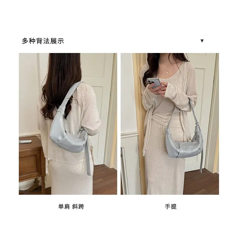 Tas Selempang Wanita Bahan PU Sintetis Polos Warna Abu-Abu Bentuk Crescent Tali Grosir Import