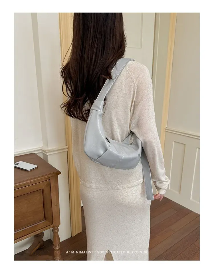Tas Selempang Wanita Bahan PU Sintetis Polos Warna Abu-Abu Bentuk Crescent Tali Grosir Import