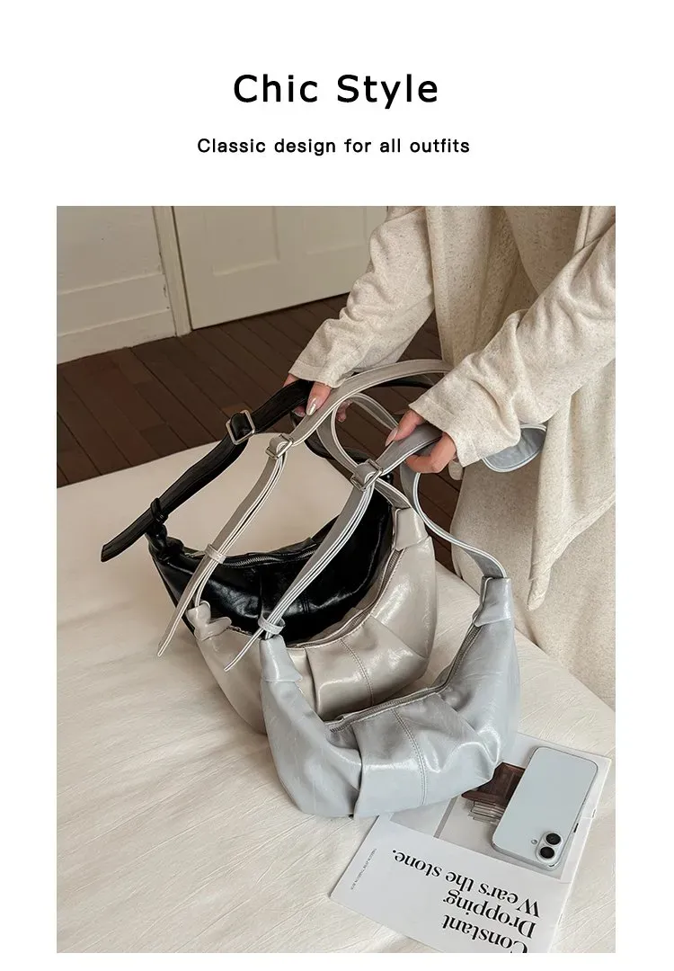 Tas Selempang Wanita Bahan PU Sintetis Polos Warna Abu-Abu Bentuk Crescent Tali Grosir Import