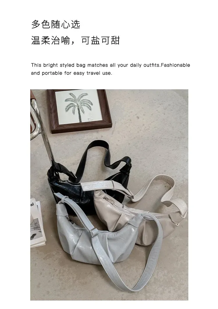 Tas Selempang Wanita Bahan PU Sintetis Polos Warna Abu-Abu Bentuk Crescent Tali Grosir Import