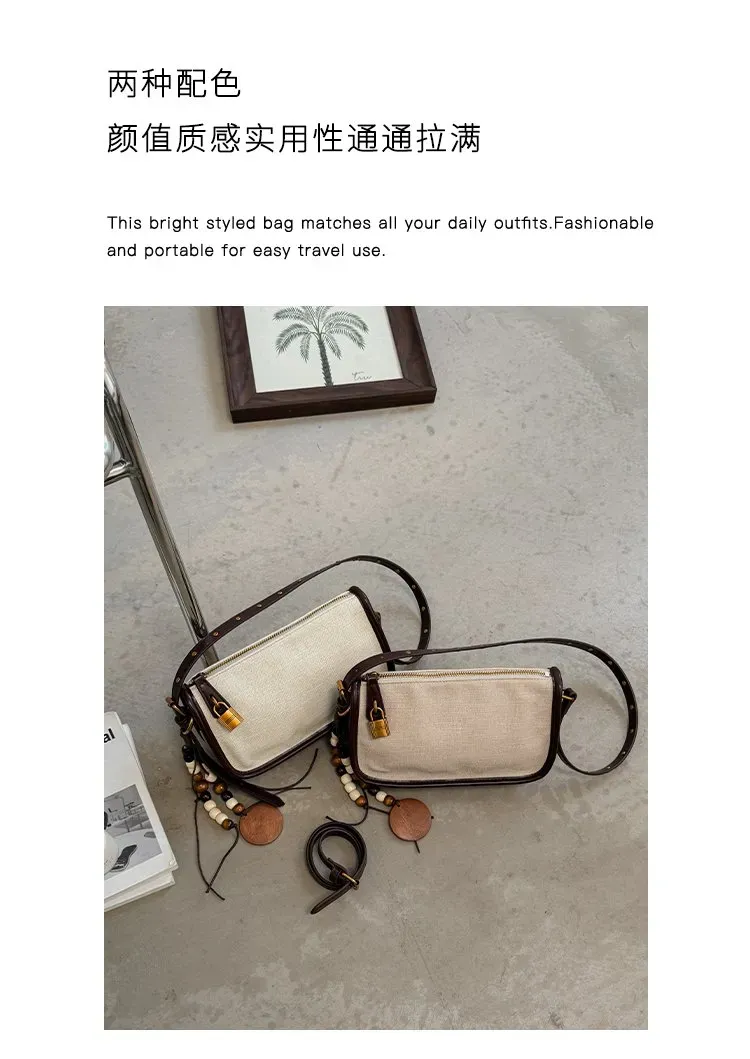 Tas Selempang Wanita Bahan PU Sintetis Polos Warna Beige Bentuk Kotak Tali Dengan Gantungan