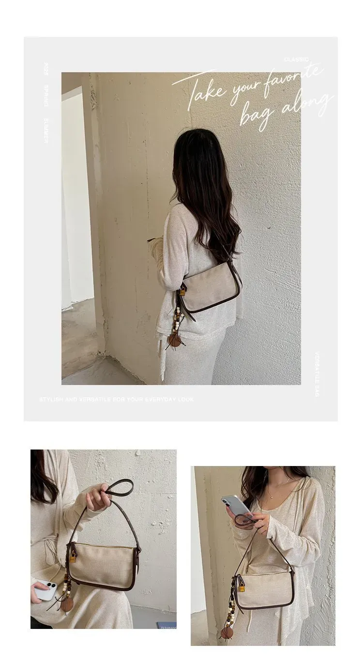 Tas Selempang Wanita Bahan PU Sintetis Polos Warna Beige Bentuk Kotak Tali Dengan Gantungan