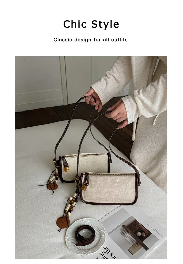 Tas Selempang Wanita Bahan PU Sintetis Polos Warna Beige Bentuk Kotak Tali Dengan Gantungan
