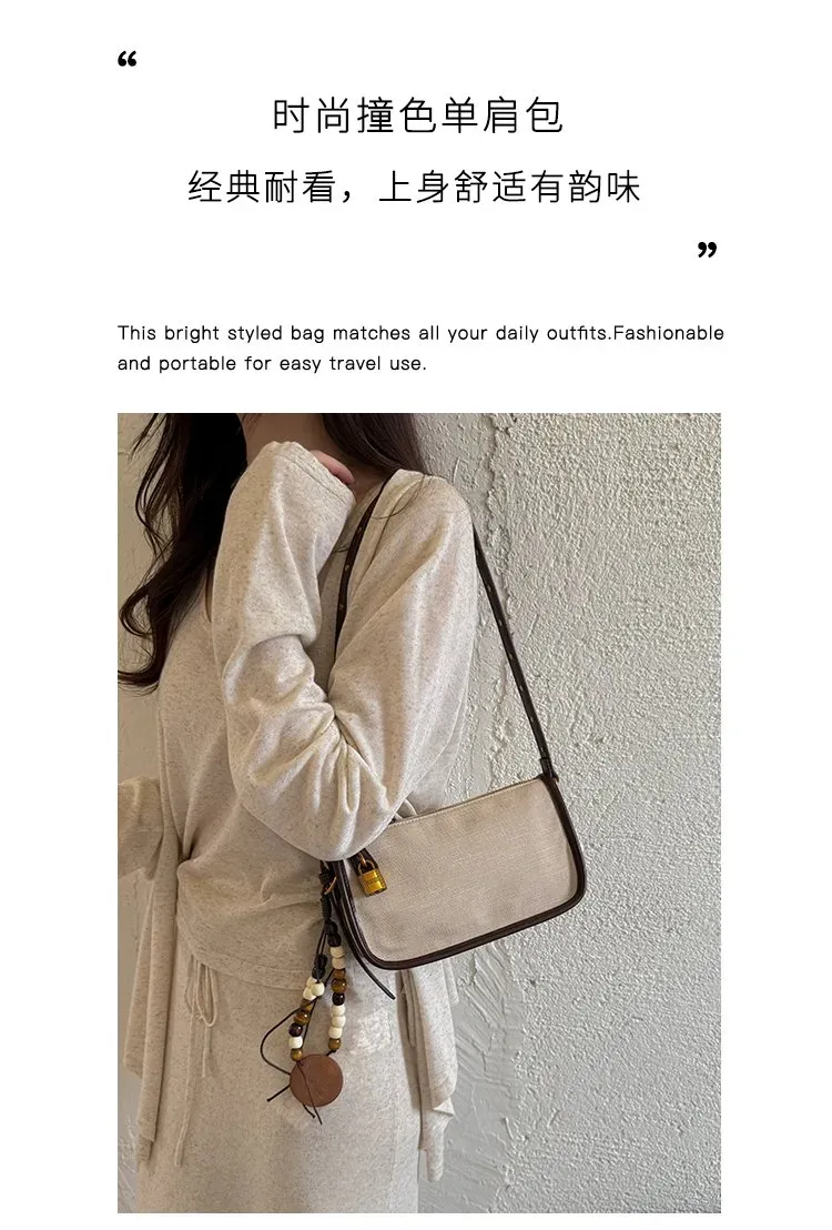 Tas Selempang Wanita Bahan PU Sintetis Polos Warna Beige Bentuk Kotak Tali Dengan Gantungan