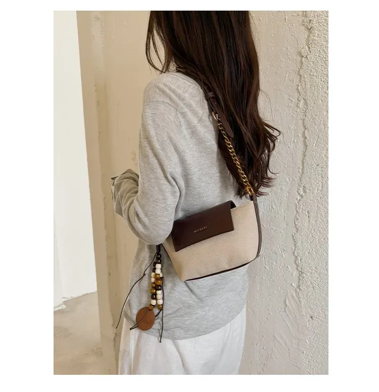 Tas Selempang Wanita Bahan PU Sintetis Polos Warna Beige Bentuk Kotak Tali Resleting Grosir
