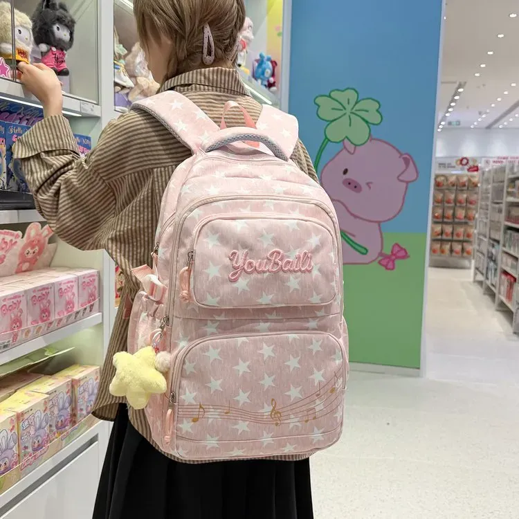 Tas Ransel Anak Bahan Oxford Motif Bintang Warna Pink Bentuk Kotak Tali Lebar Grosir Import