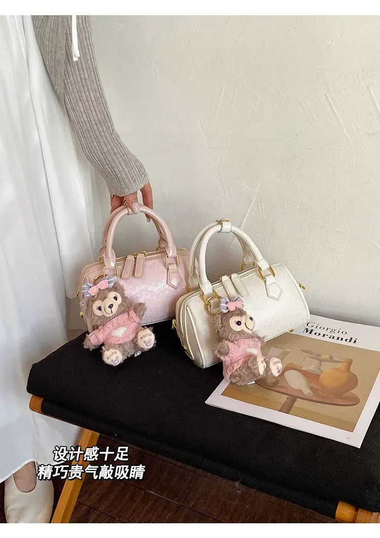 Tas Selempang Wanita Bahan PU Sintetis Polos Warna Pink Bentuk Kotak Tali Dengan Gantungan