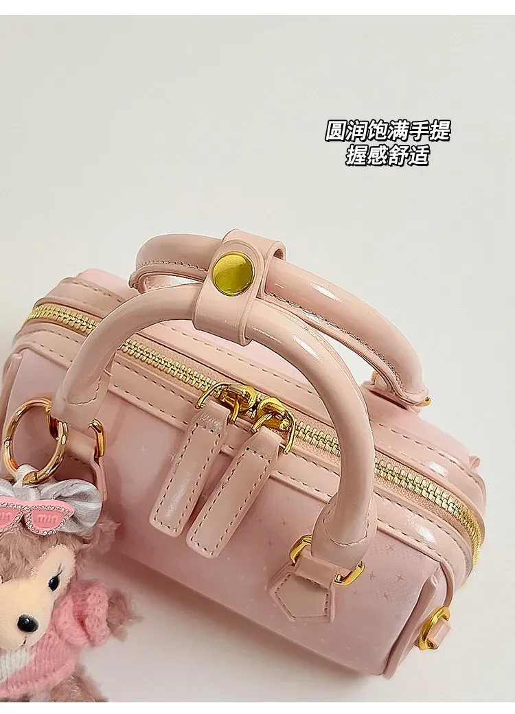 Tas Selempang Wanita Bahan PU Sintetis Polos Warna Pink Bentuk Kotak Tali Dengan Gantungan