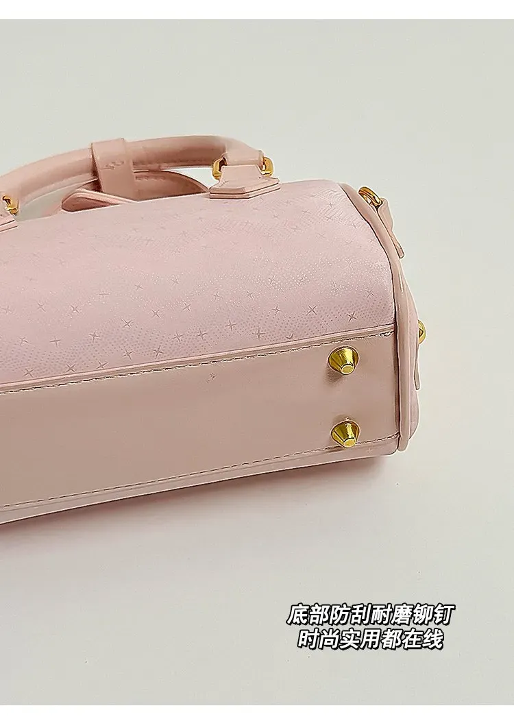 Tas Selempang Wanita Bahan PU Sintetis Polos Warna Pink Bentuk Kotak Tali Dengan Gantungan