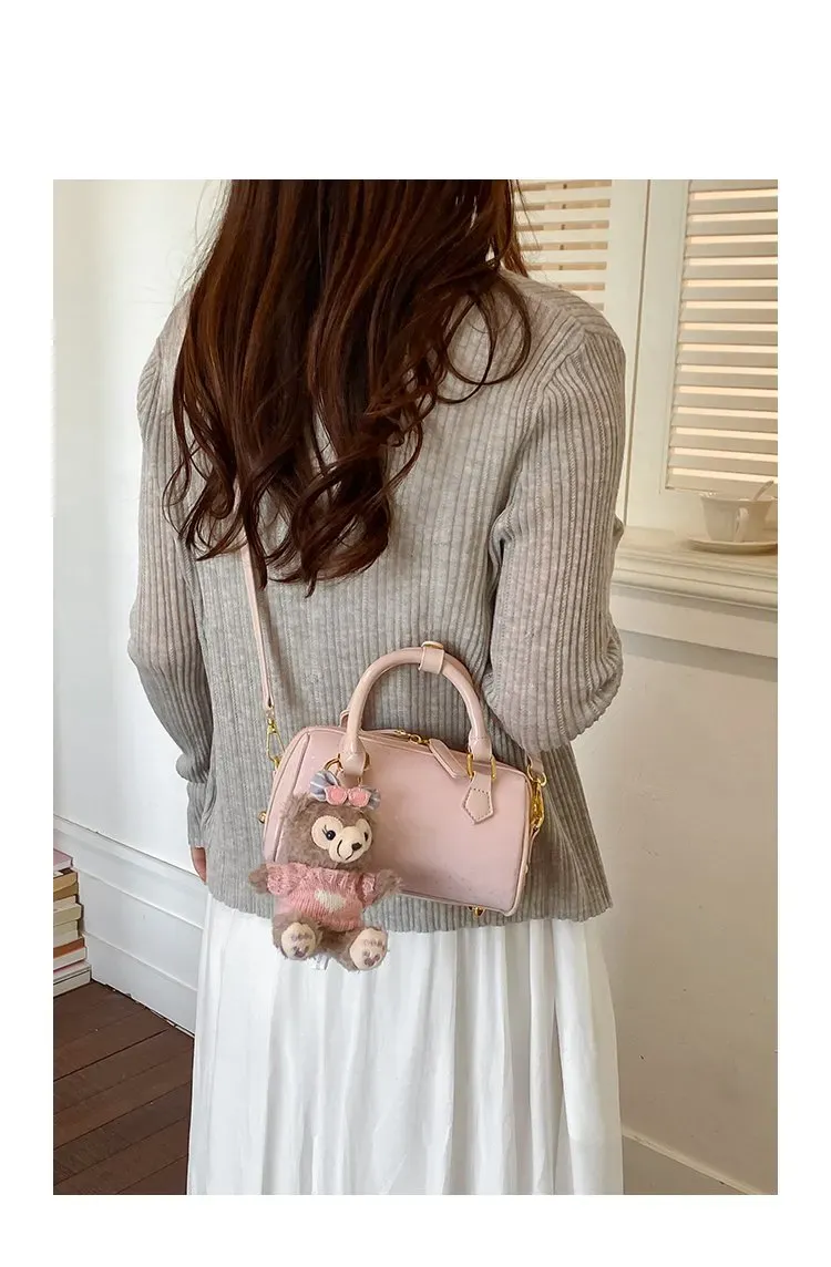Tas Selempang Wanita Bahan PU Sintetis Polos Warna Pink Bentuk Kotak Tali Dengan Gantungan