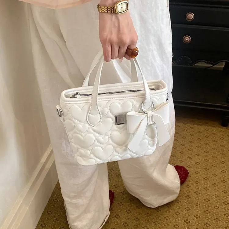 Tas Selempang Wanita Bahan PU Sintetis Motif Heart Warna Putih Bentuk Kotak Tali Grosir Import