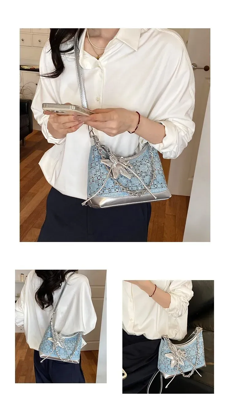 Tas Selempang Wanita Bahan Kain Motif Print Warna Biru Model Hobo Tali Rantai Grosir Import
