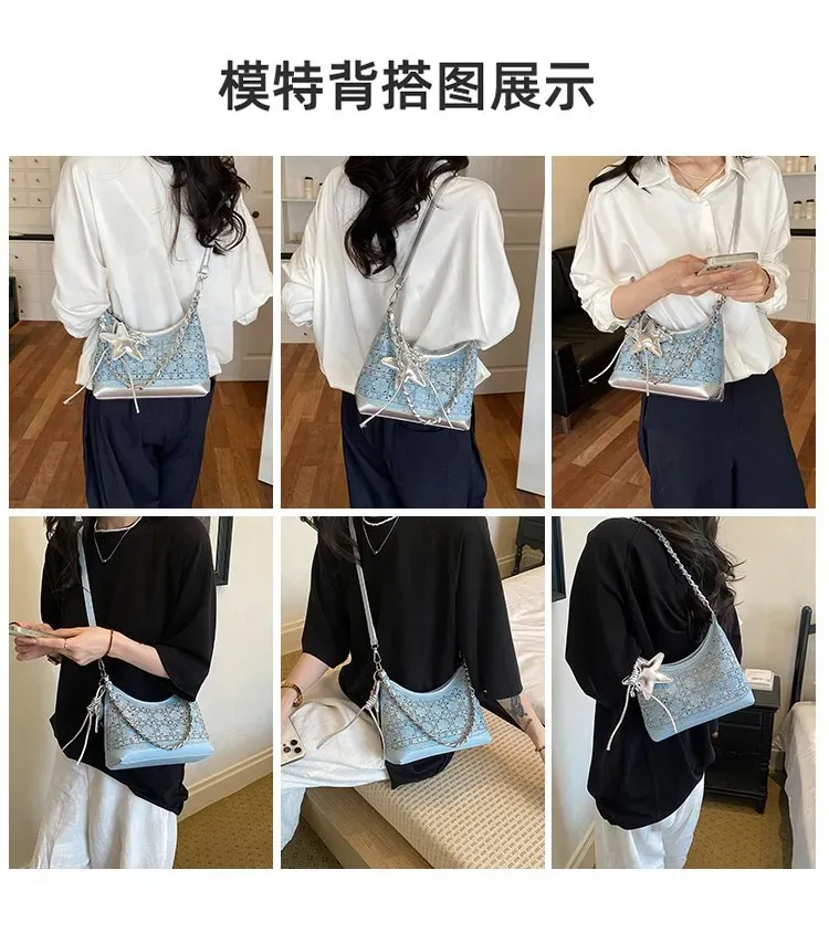 Tas Selempang Wanita Bahan Kain Motif Print Warna Biru Model Hobo Tali Rantai Grosir Import