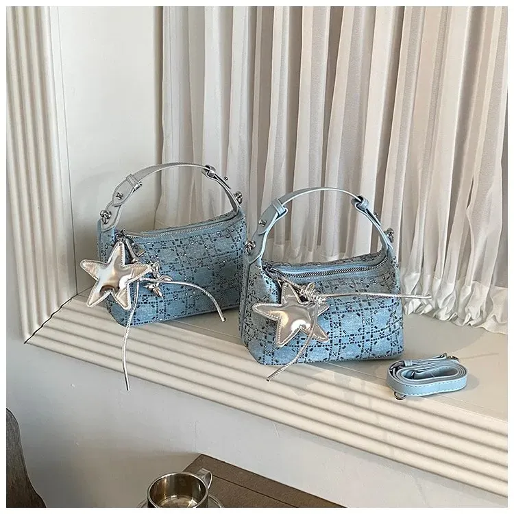 Tas Selempang Wanita Bahan PU Sintetis Motif Print Warna Biru Bentuk Kotak Tali untuk Toko
