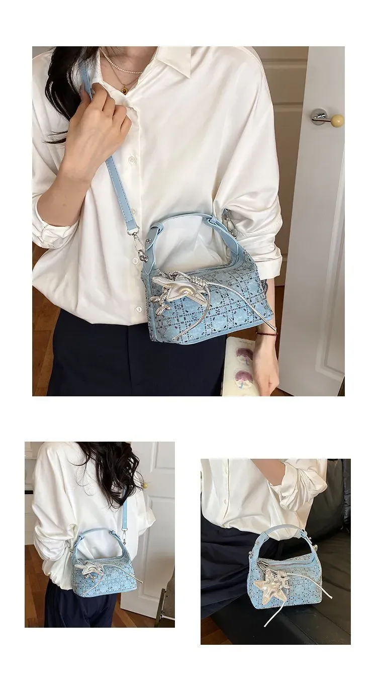 Tas Selempang Wanita Bahan PU Sintetis Motif Print Warna Biru Bentuk Kotak Tali untuk Toko