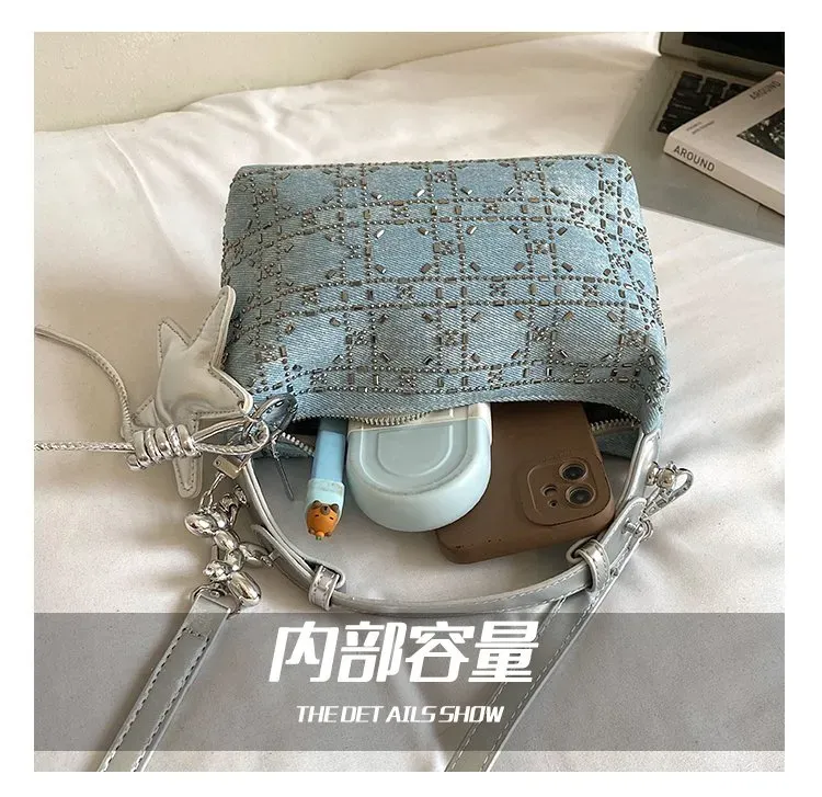 Tas Selempang Wanita Bahan PU Sintetis Motif Print Warna Biru Bentuk Kotak Tali untuk Toko
