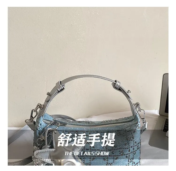 Tas Selempang Wanita Bahan PU Sintetis Motif Print Warna Biru Bentuk Kotak Tali untuk Toko