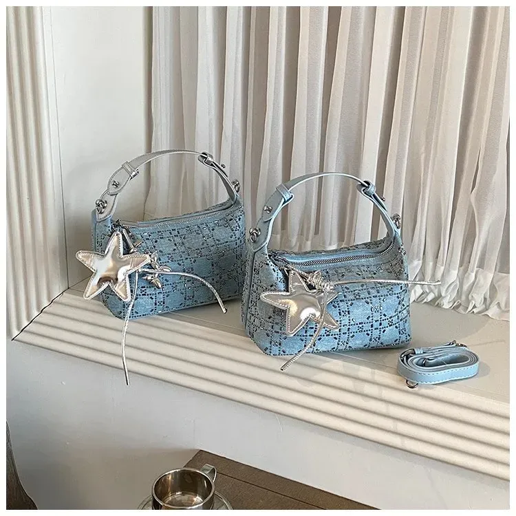Tas Selempang Wanita Bahan PU Sintetis Motif Print Warna Biru Bentuk Kotak Tali untuk Toko
