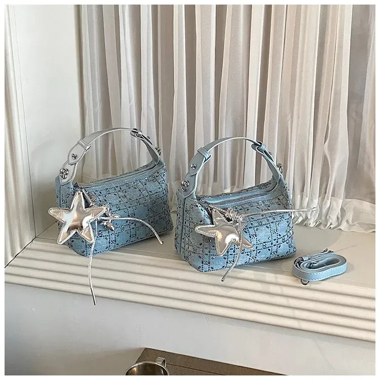 Tas Selempang Wanita Bahan PU Sintetis Motif Print Warna Biru Bentuk Kotak Tali untuk Toko
