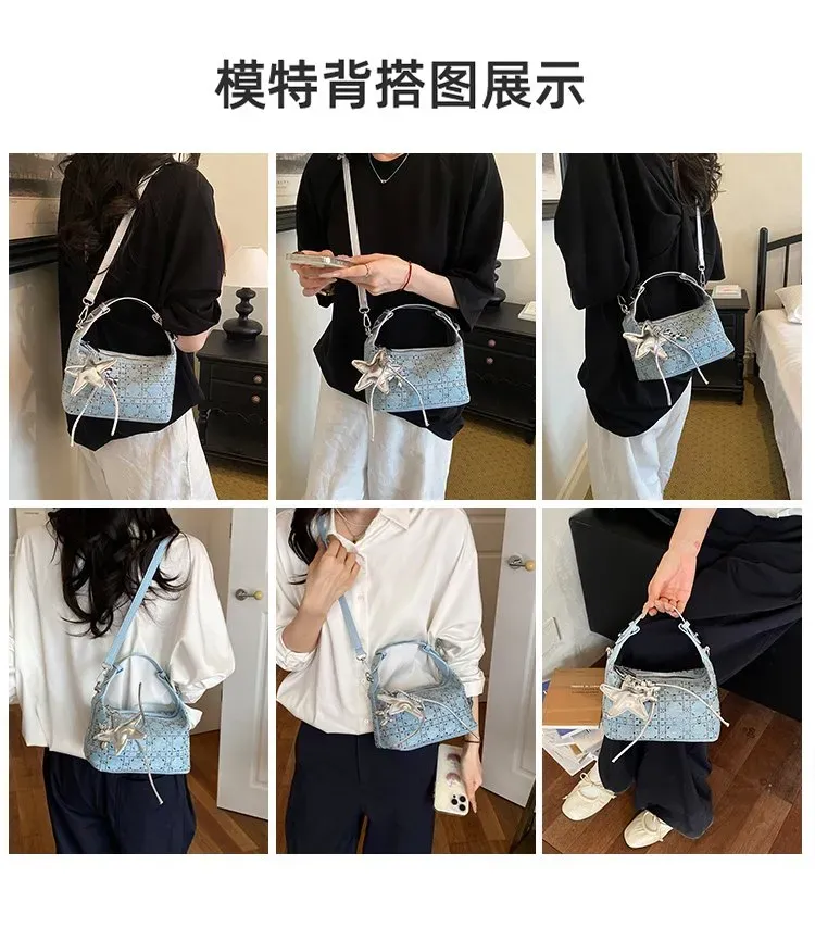Tas Selempang Wanita Bahan PU Sintetis Motif Print Warna Biru Bentuk Kotak Tali untuk Toko