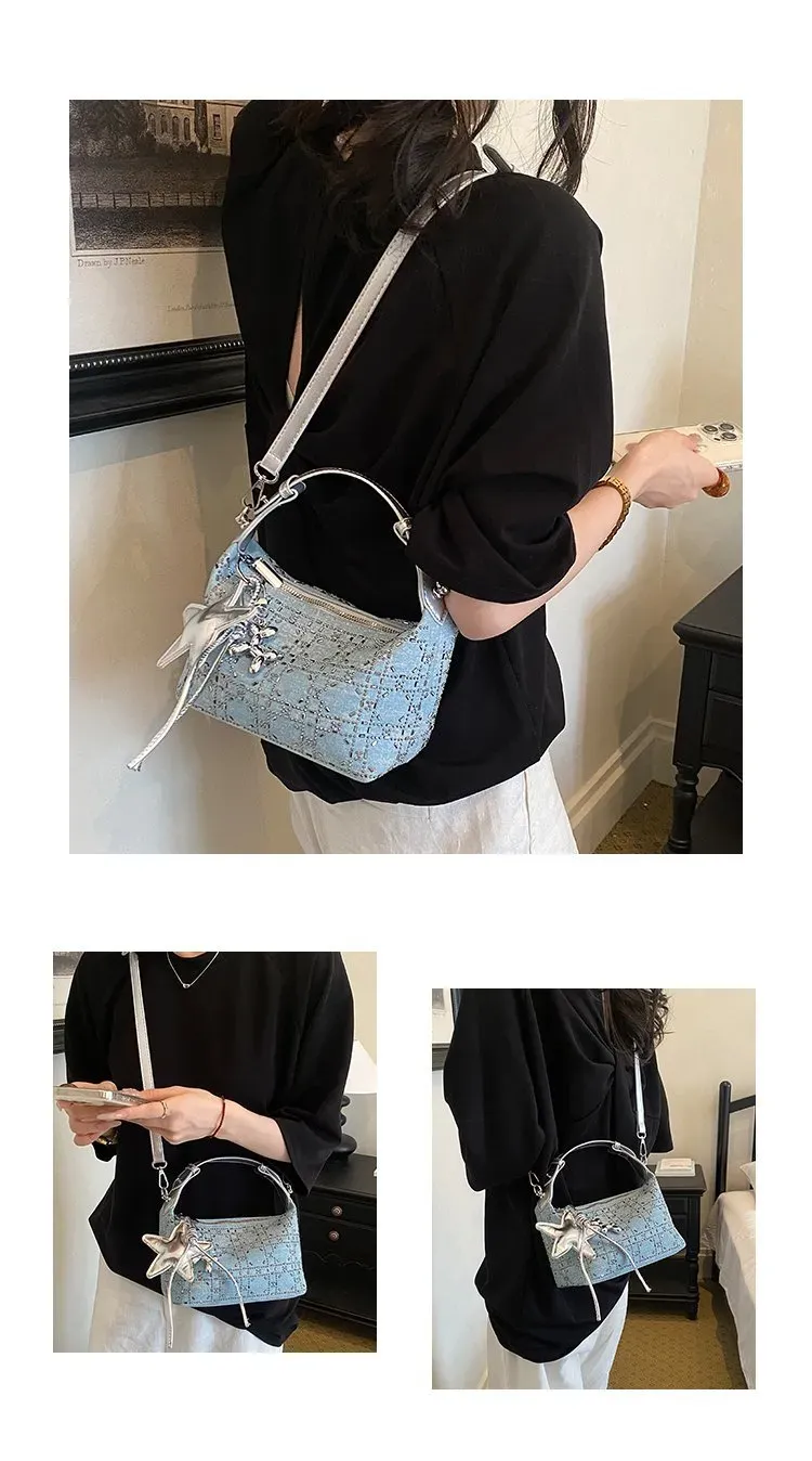 Tas Selempang Wanita Bahan PU Sintetis Motif Print Warna Biru Bentuk Kotak Tali untuk Toko