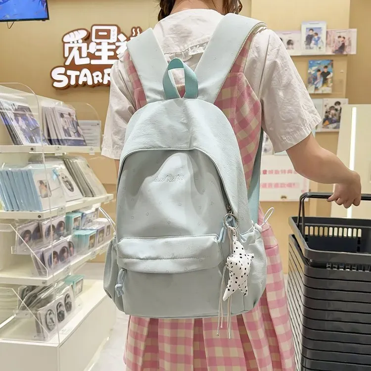 Tas Ransel Wanita Bahan Nylon Motif Polkadot Warna Biru Bentuk Kotak Tali Lebar Grosir Import
