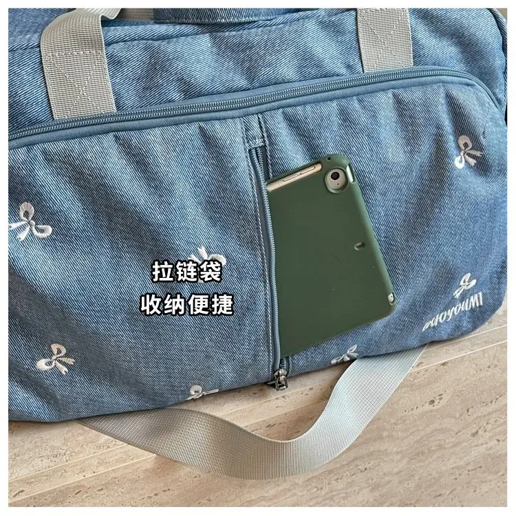 Tas Selempang Wanita Bahan Nylon Motif Print Warna Biru Bentuk Kotak Tali untuk Travel Grosir