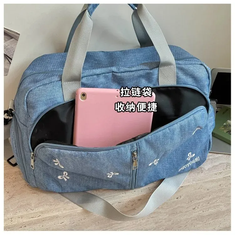 Tas Selempang Wanita Bahan Nylon Motif Print Warna Biru Bentuk Kotak Tali untuk Travel Grosir