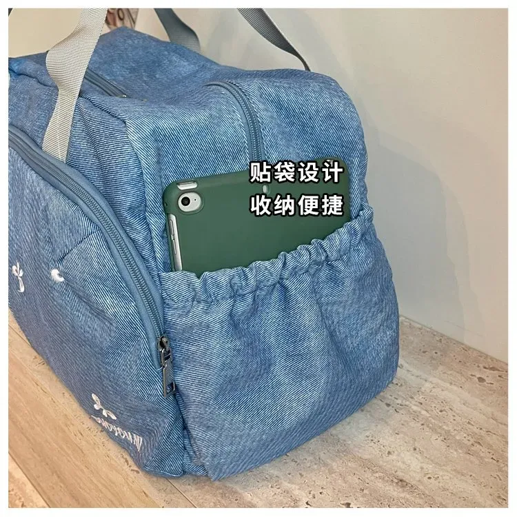 Tas Selempang Wanita Bahan Nylon Motif Print Warna Biru Bentuk Kotak Tali untuk Travel Grosir