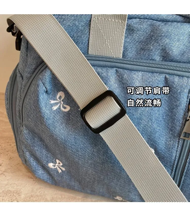 Tas Selempang Wanita Bahan Nylon Motif Print Warna Biru Bentuk Kotak Tali untuk Travel Grosir