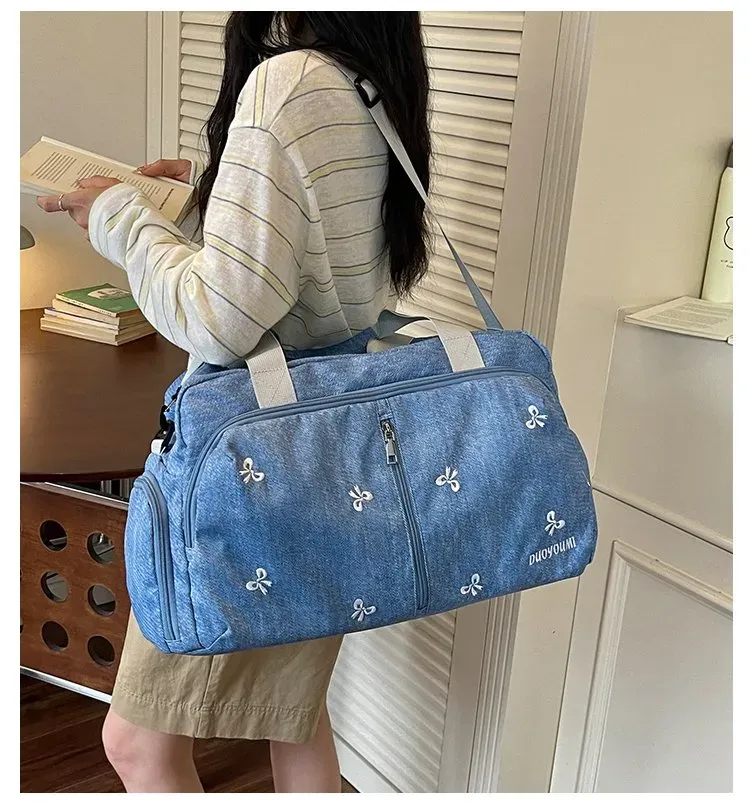 Tas Selempang Wanita Bahan Nylon Motif Print Warna Biru Bentuk Kotak Tali untuk Travel Grosir
