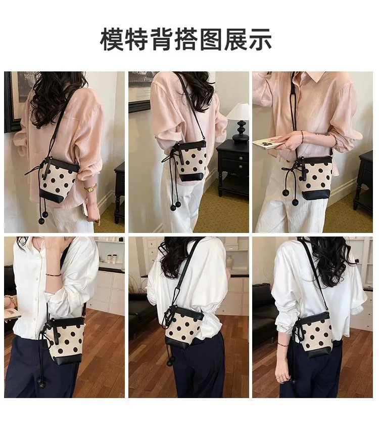 Tas Bucket Wanita Bahan PU Sintetis Motif Polkadot Warna Hitam Bentuk Bucket Resleting Grosir