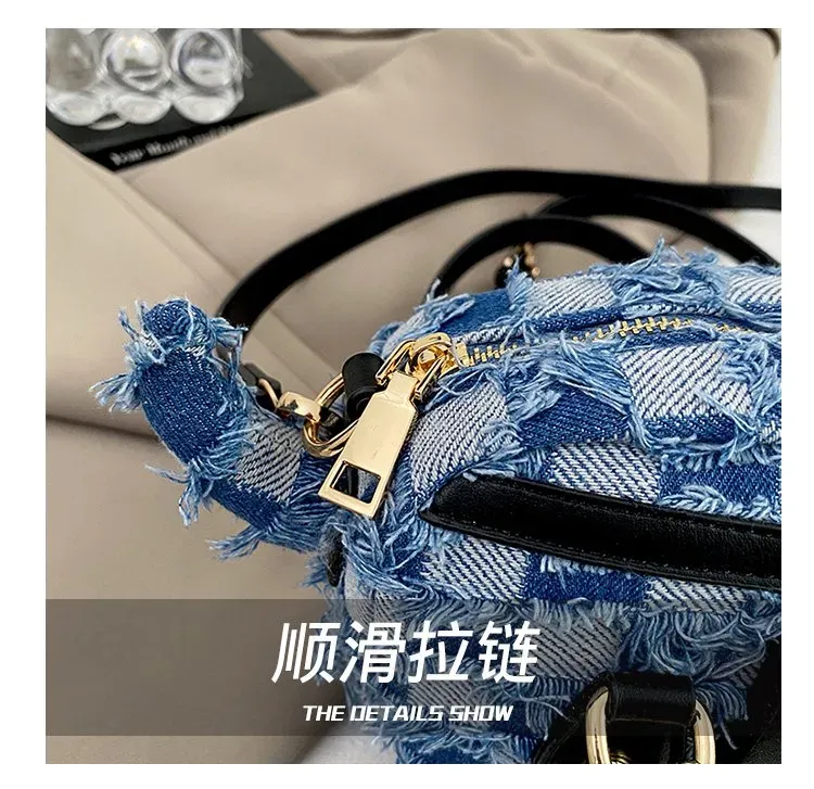 Tas Selempang Wanita Bahan PU Sintetis Motif Print Warna Biru Model Hobo Tali Grosir Import