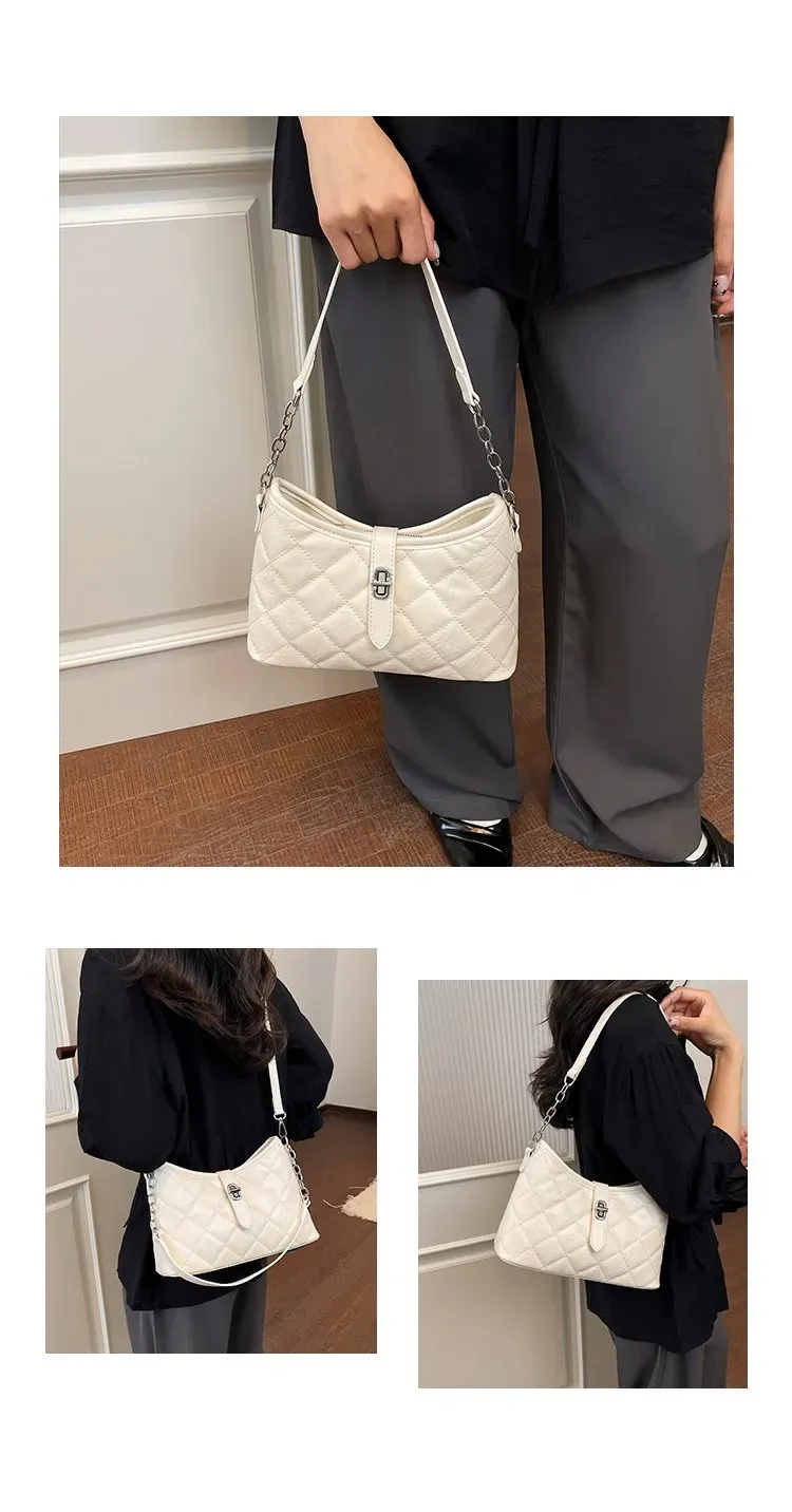 Tas Selempang Wanita Bahan PU Sintetis Model Quilted Warna Putih Bentuk Crescent Grosir Import