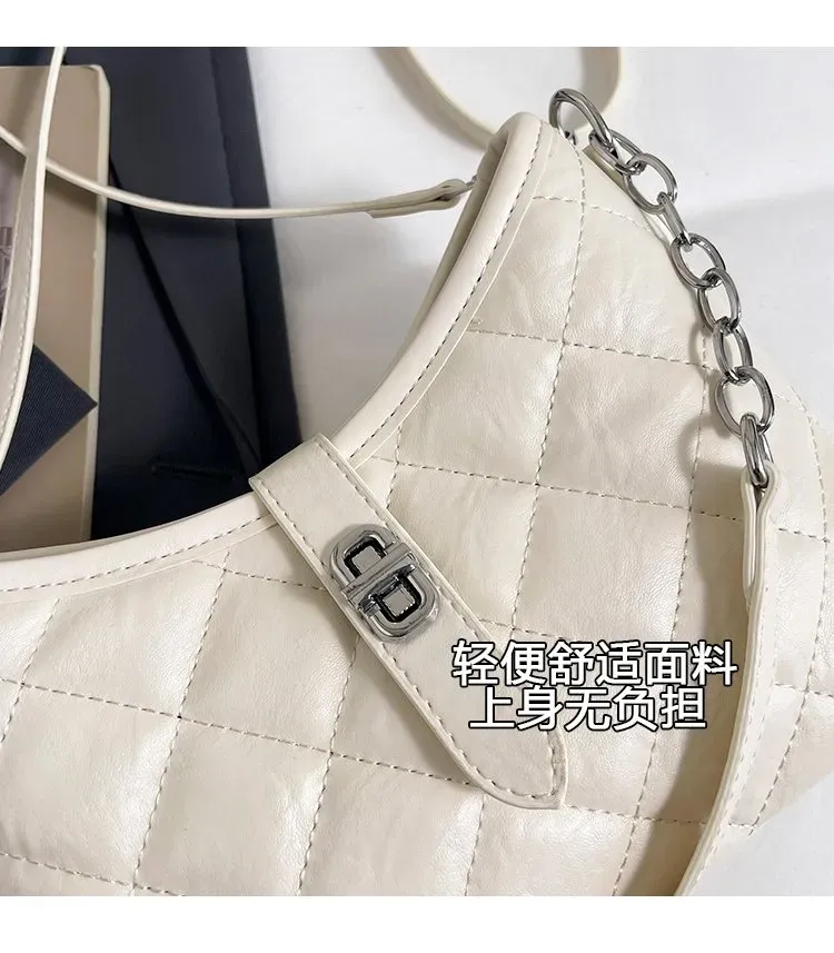 Tas Selempang Wanita Bahan PU Sintetis Model Quilted Warna Putih Bentuk Crescent Grosir Import