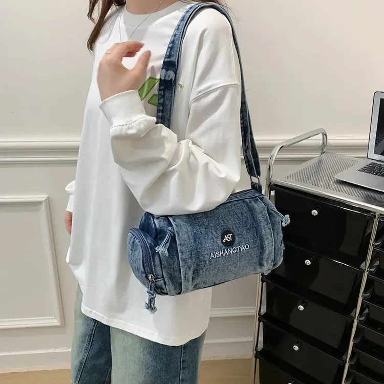 Tas Selempang Wanita Bahan PU Sintetis Polos Warna Biru Bentuk Bulat Tali Grosir Import
