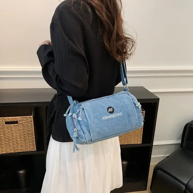 Tas Selempang Wanita Bahan PU Sintetis Polos Warna Biru Bentuk Bulat Tali Grosir Import