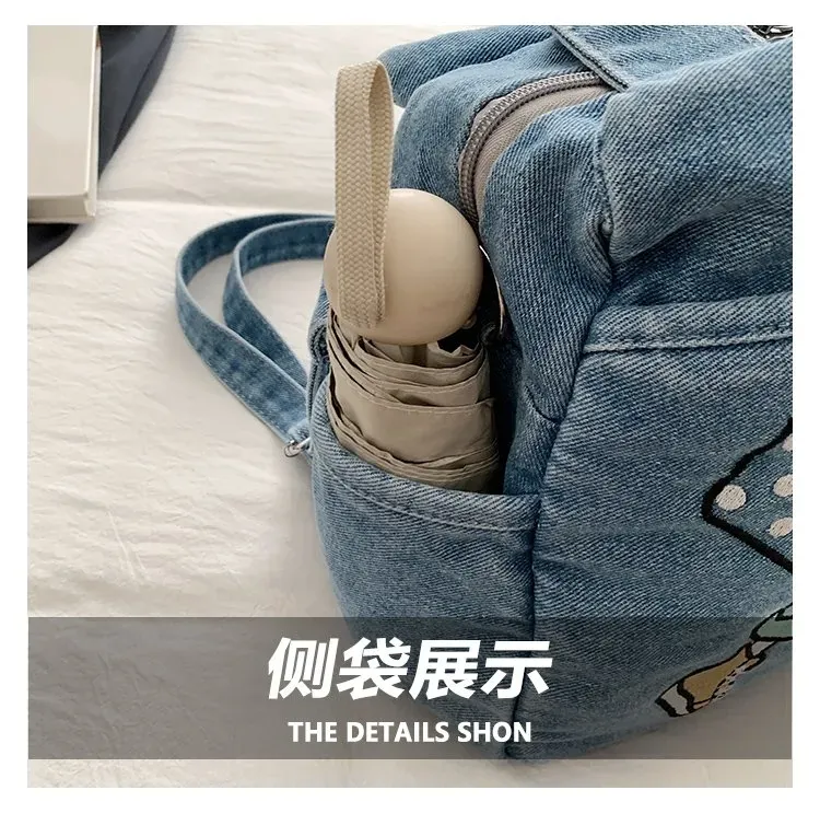 Tas Ransel Wanita Bahan PU Sintetis Motif Print Warna Hitam Bentuk Kotak Tali Bahan Denim