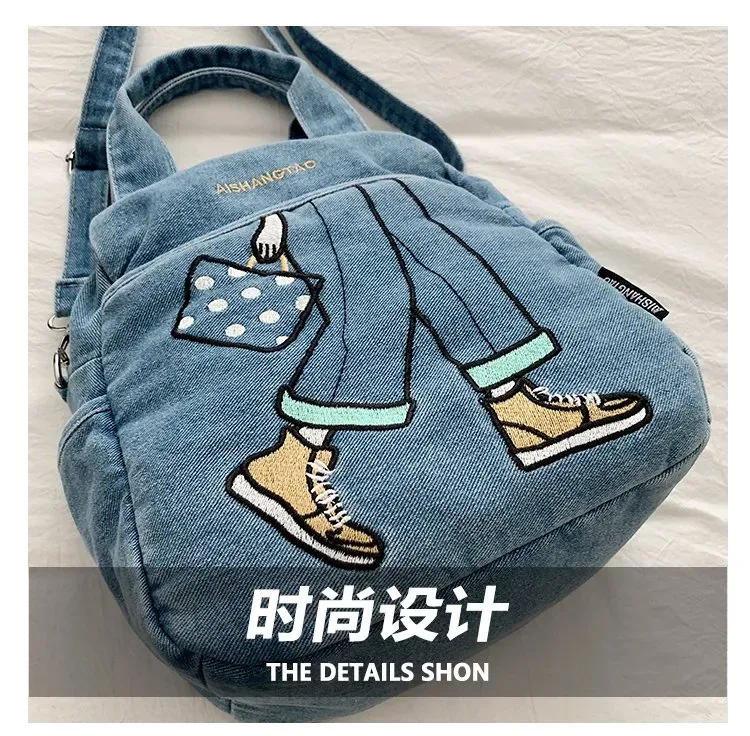 Tas Ransel Wanita Bahan PU Sintetis Motif Print Warna Hitam Bentuk Kotak Tali Bahan Denim