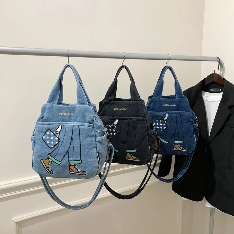 Tas Ransel Wanita Bahan PU Sintetis Motif Print Warna Hitam Bentuk Kotak Tali Bahan Denim