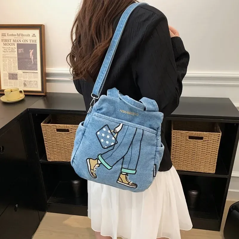 Tas Ransel Wanita Bahan PU Sintetis Motif Print Warna Hitam Bentuk Kotak Tali Bahan Denim