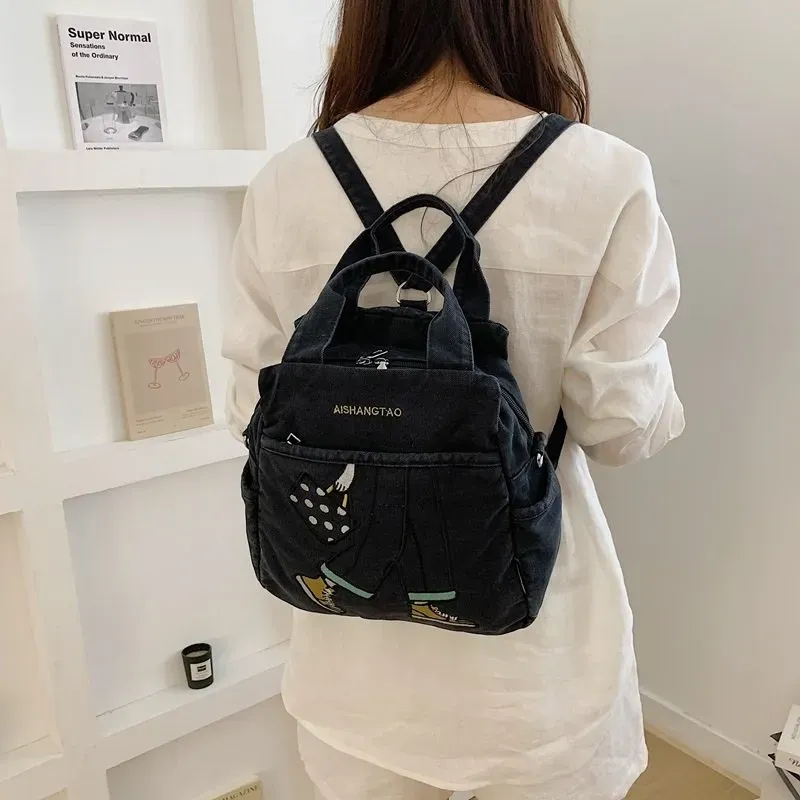 Tas Ransel Wanita Bahan PU Sintetis Motif Print Warna Hitam Bentuk Kotak Tali Bahan Denim