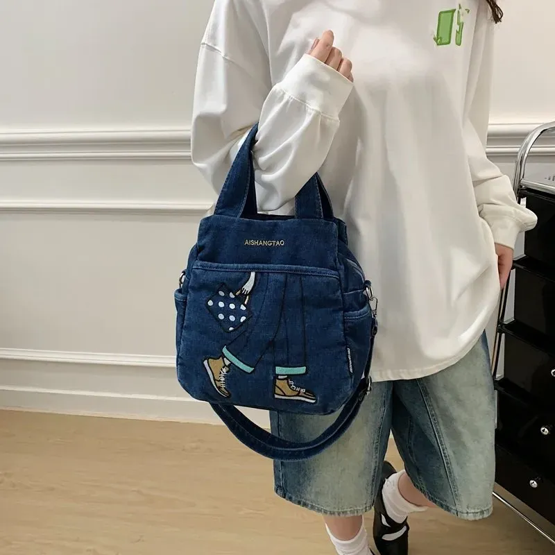 Tas Ransel Wanita Bahan PU Sintetis Motif Print Warna Hitam Bentuk Kotak Tali Bahan Denim