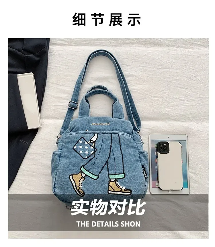 Tas Ransel Wanita Bahan PU Sintetis Motif Print Warna Hitam Bentuk Kotak Tali Bahan Denim